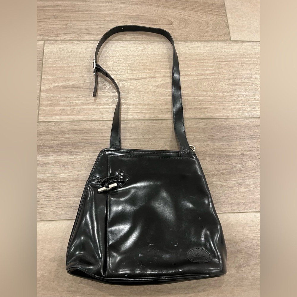 Vintage Longchamp Roseau Black Leather Shoulder Bag Bamboo Toggle Purse